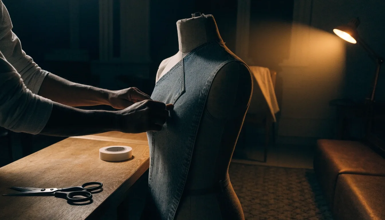 A dress form under a single amber lamp in a night studio, a half-pinned garment still on the form
