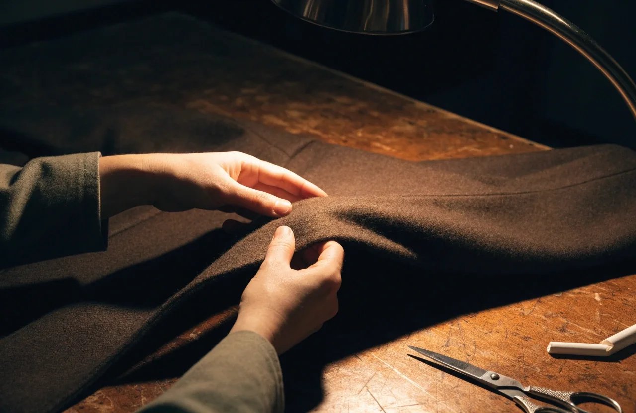 A folded wool coat on a worktable, its shoulder seam and twill weave in close detail under amber light