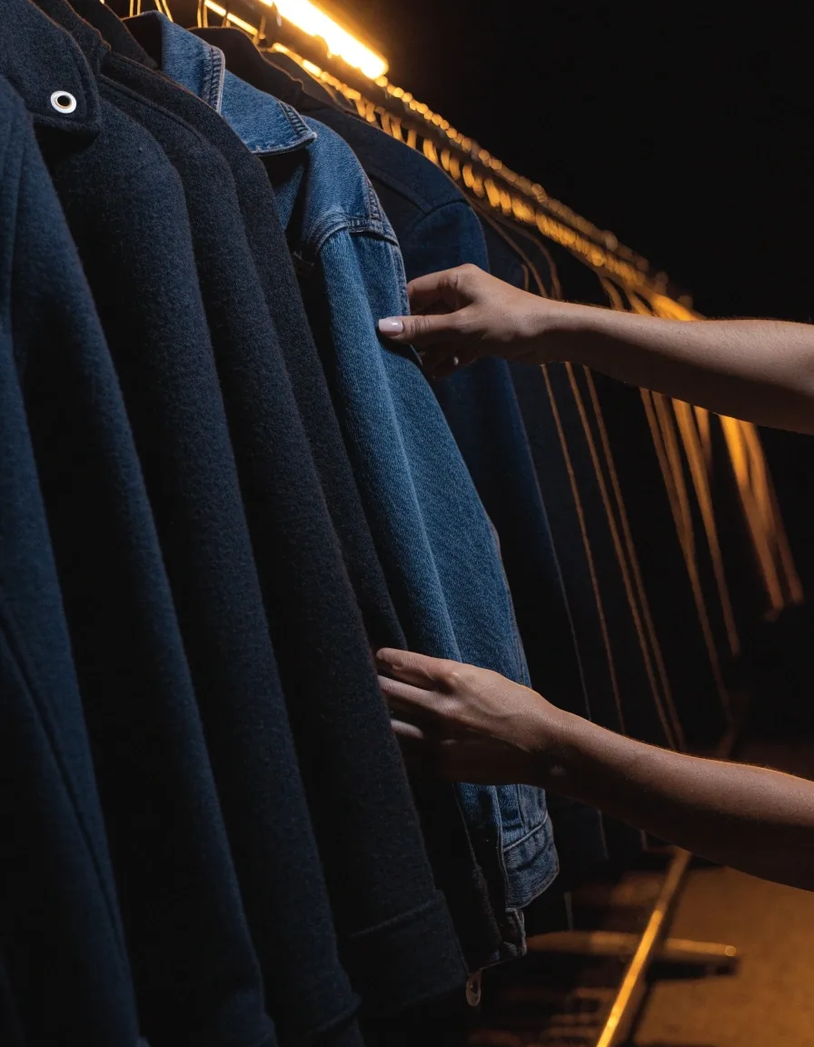 Racks of hanging coats and shirts on a warehouse rail at night under a single sodium lamp