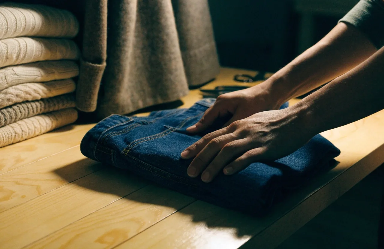 Three folded knit layers and a pair of shoes laid out together on a grey surface under warm night light