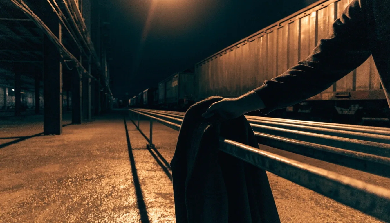 A rack of hanging coats lit by sodium light in a warehouse rail at midnight