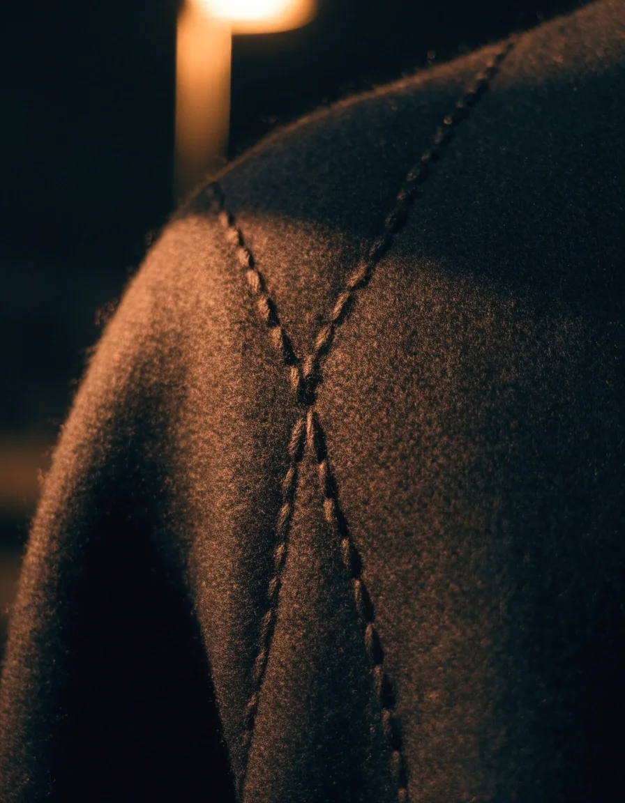 Hand-stitched wool coat shoulder seam under amber light