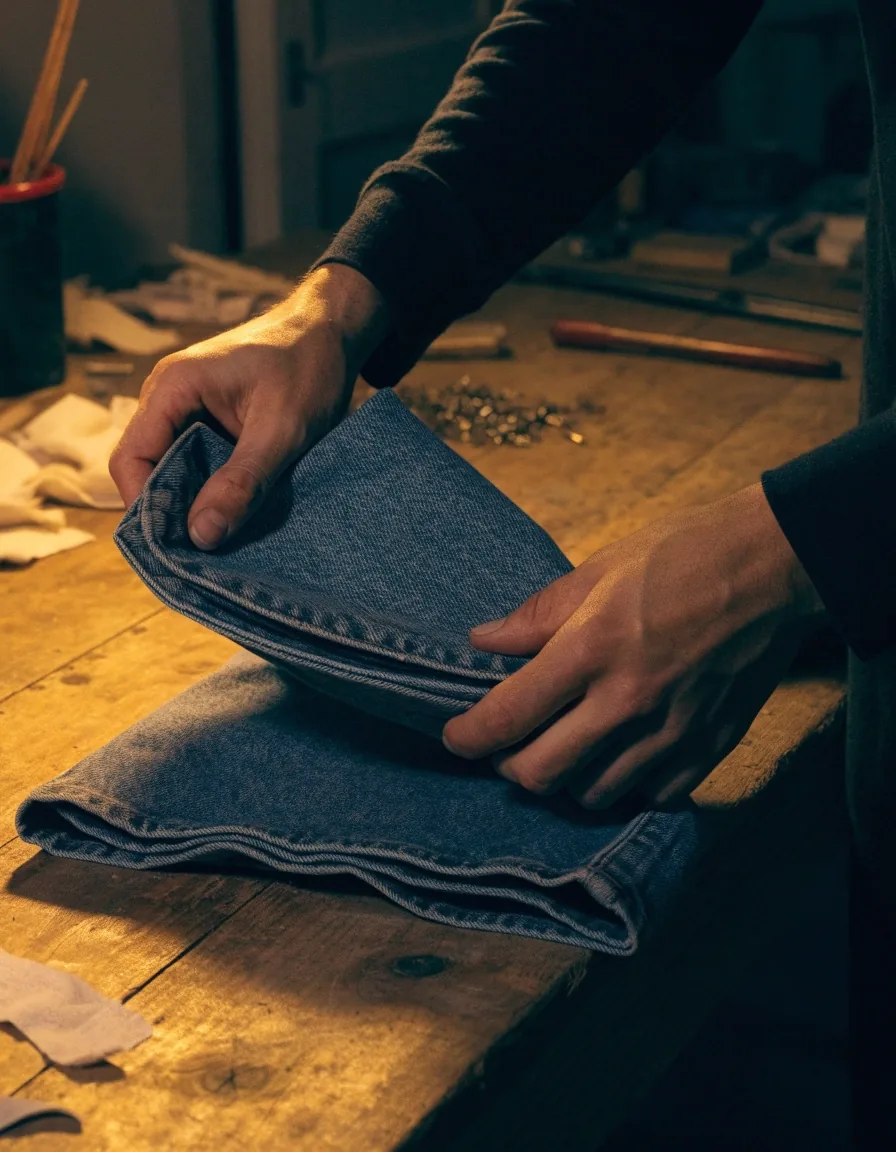 Two folded denim garments stacked under amber light, twill texture close up