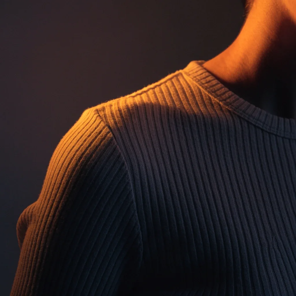 Close crop of a plain knit top showing the shoulder seam and ribbed neckline under amber light