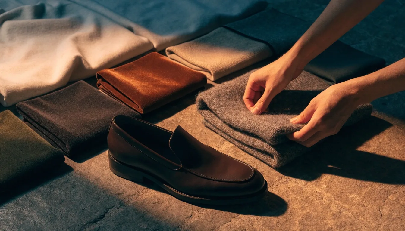 Folded capsule wardrobe layers and shoes arranged on a stone floor under amber night light