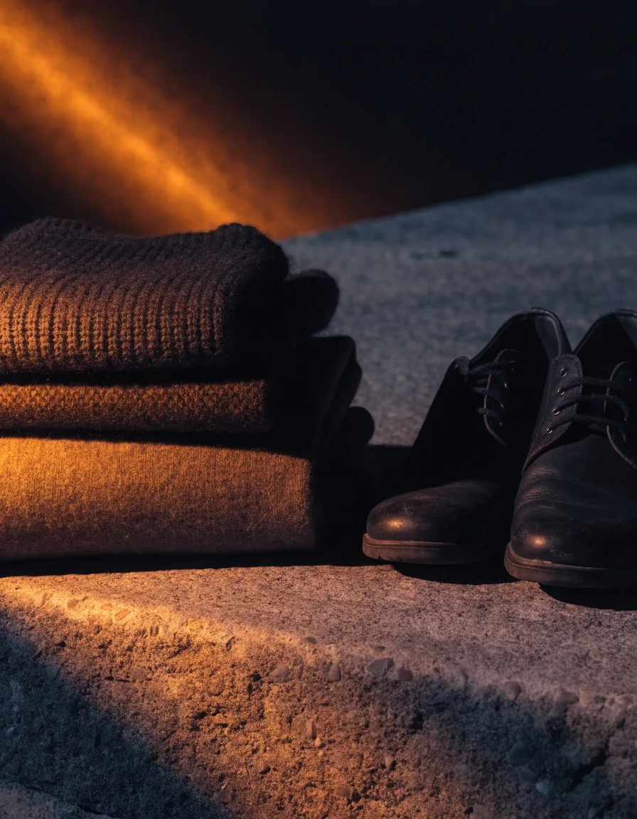 Folded knit layers with an overshirt and leather shoes on a stone surface under amber light