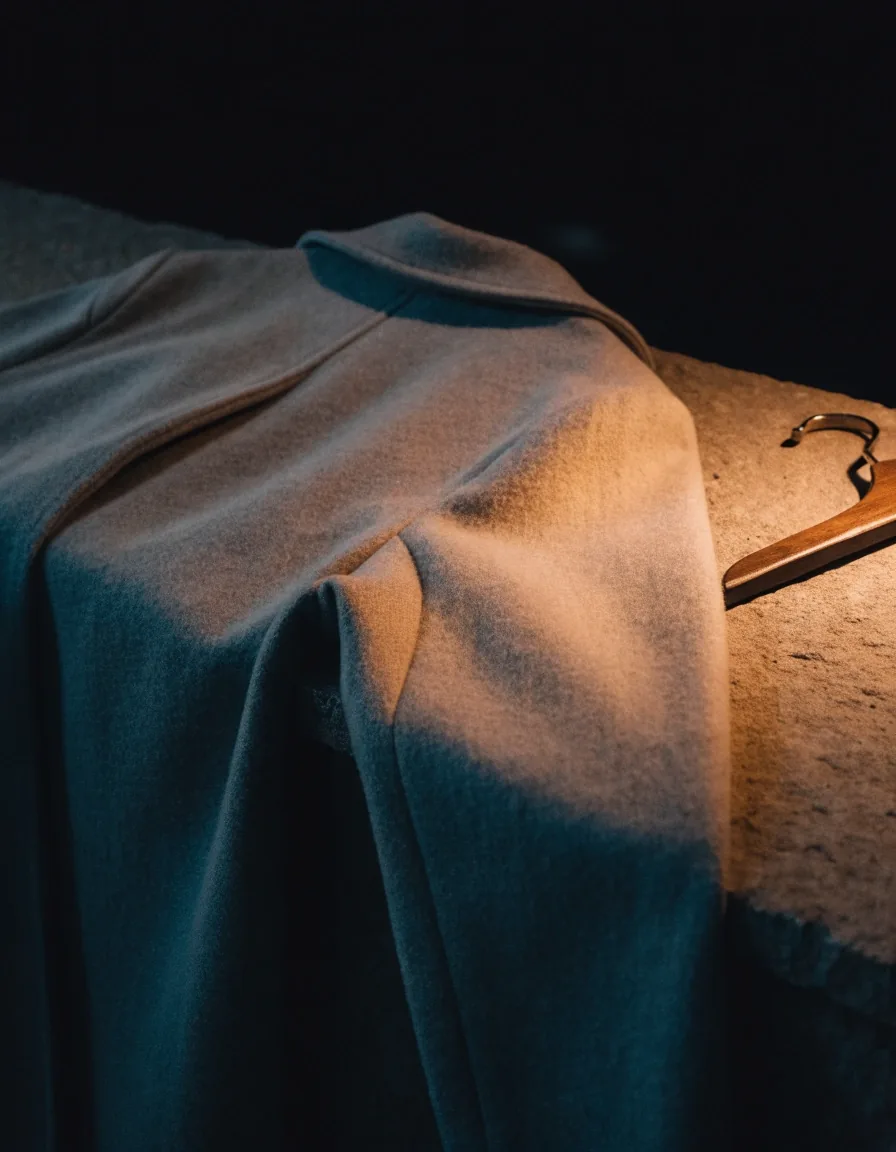 Wool coat laid flat to dry on a stone surface beside a wooden hanger under amber light