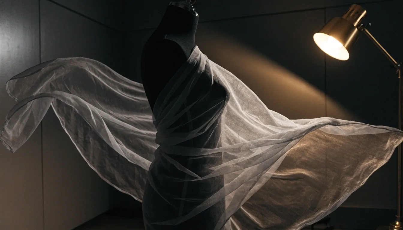 Dress form under an amber lamp with fabric mid-drape