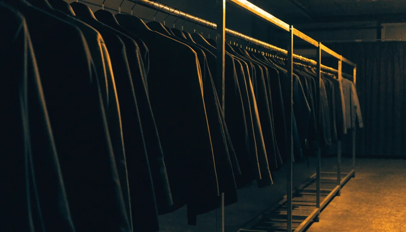 Rack of hanging garments under sodium light at midnight
