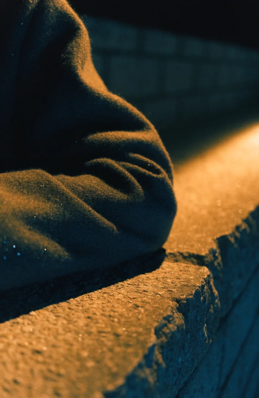 Rain-slicked downtown doorway at midnight with a single warm light