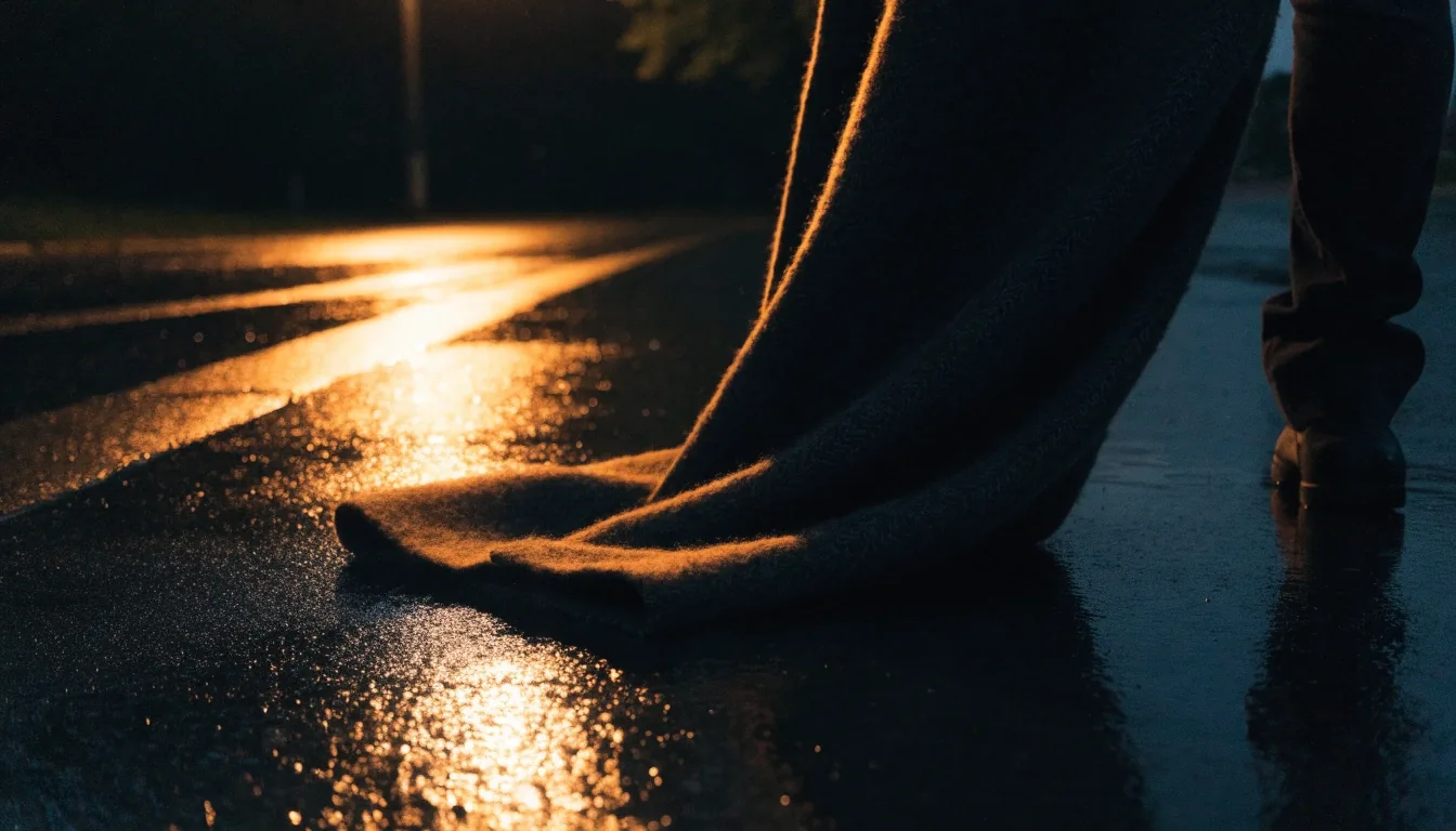 Wool coat hem under amber streetlight on wet midnight pavement
