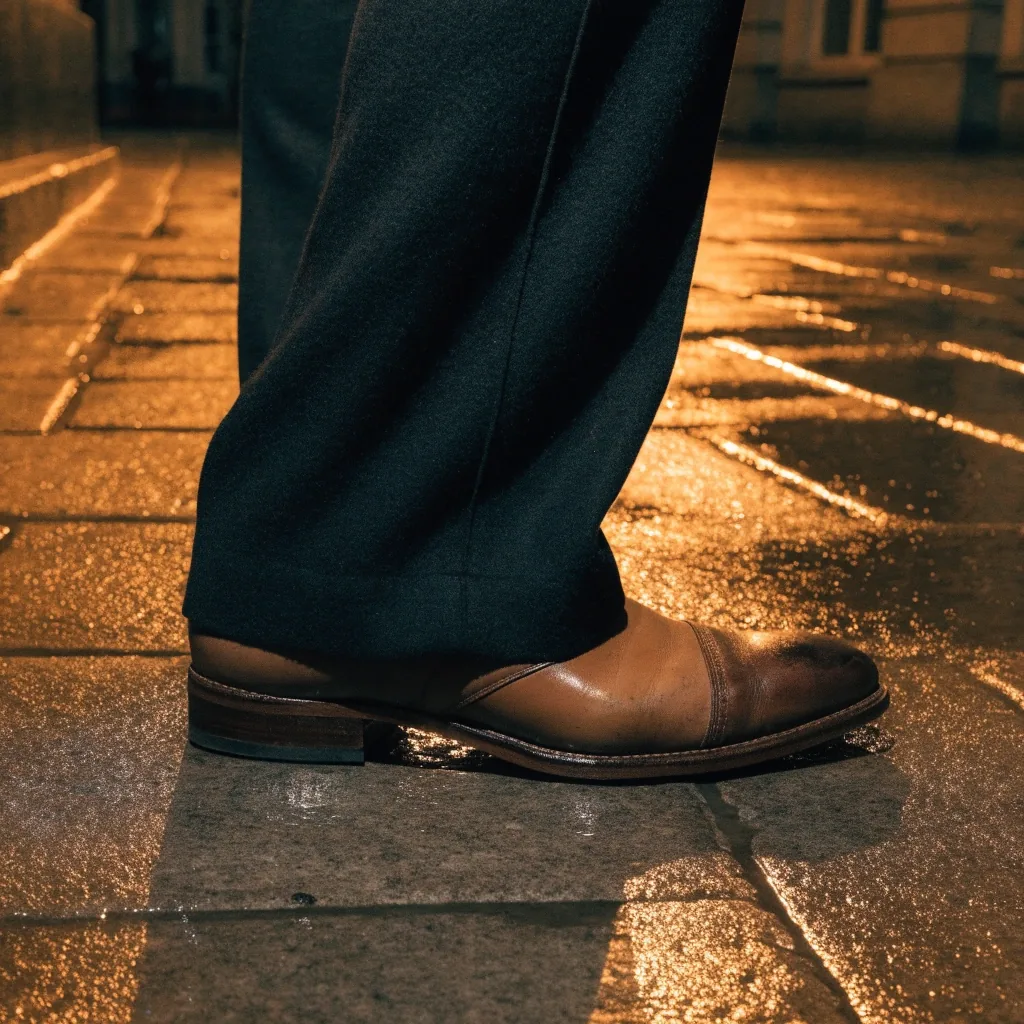A man's tailored trouser hem and leather dress shoe on wet pavement under amber streetlight at night