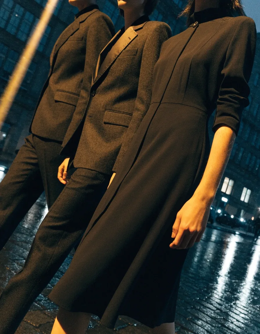 Three people in structured evening layers standing on a lit city sidewalk at night, cropped at the shoulders