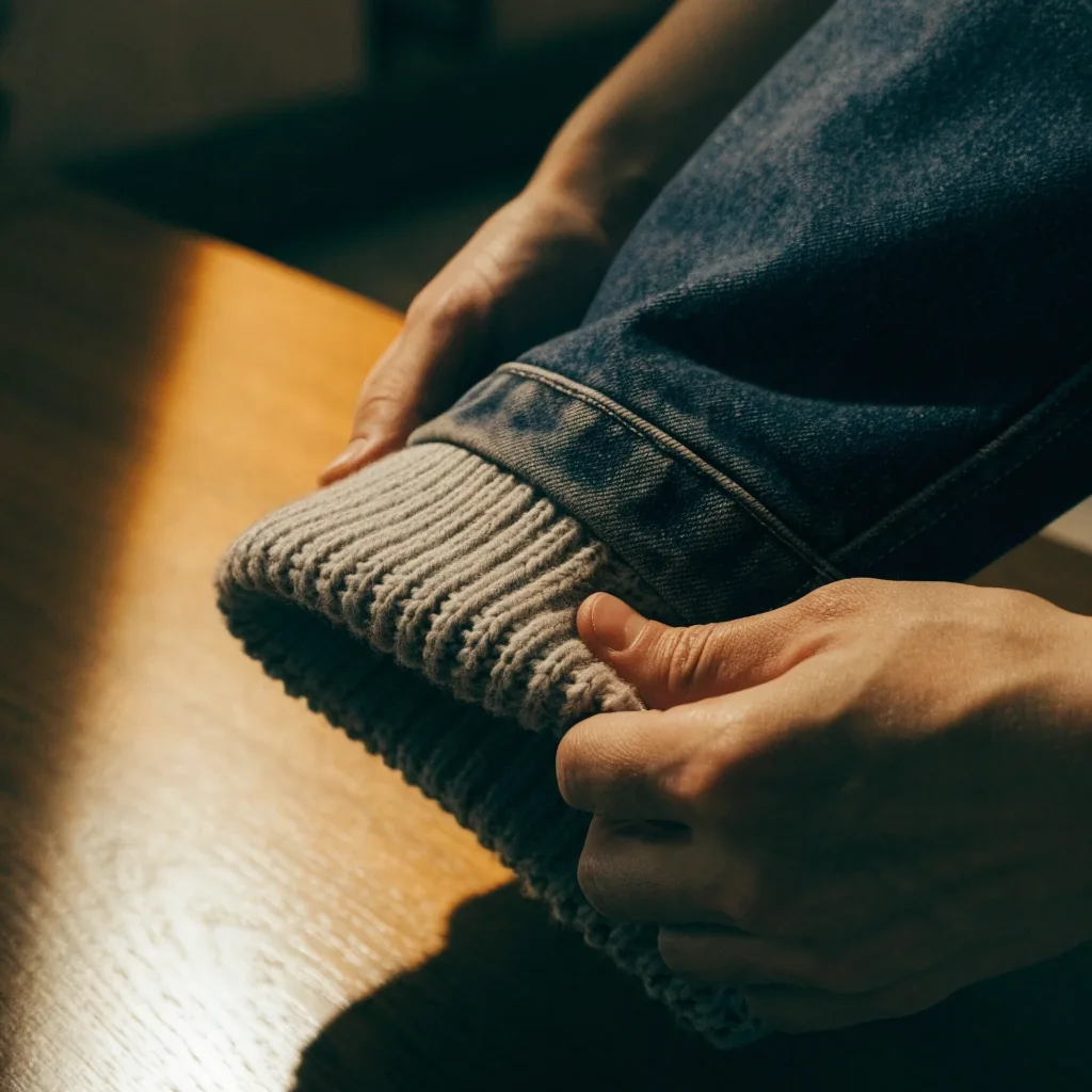 A knit and denim hem on rain-slicked pavement under amber streetlight