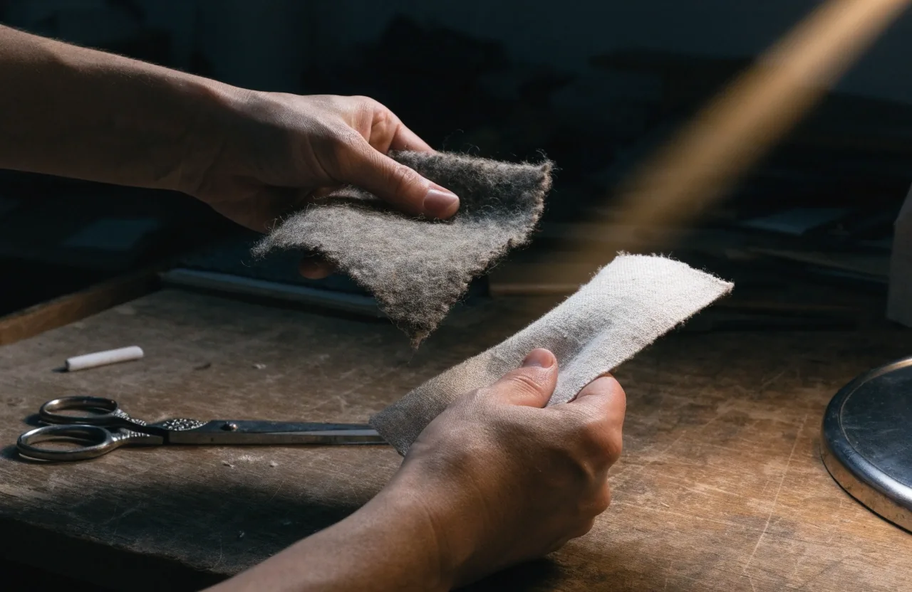 Four fabric swatches lit from one side on a dark stone worktable