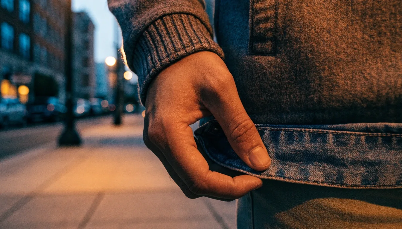 Close crop of a wool coat shoulder seam under amber streetlight