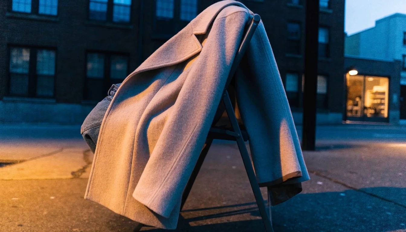 Denim hem resting on wet pavement under amber streetlight at midnight