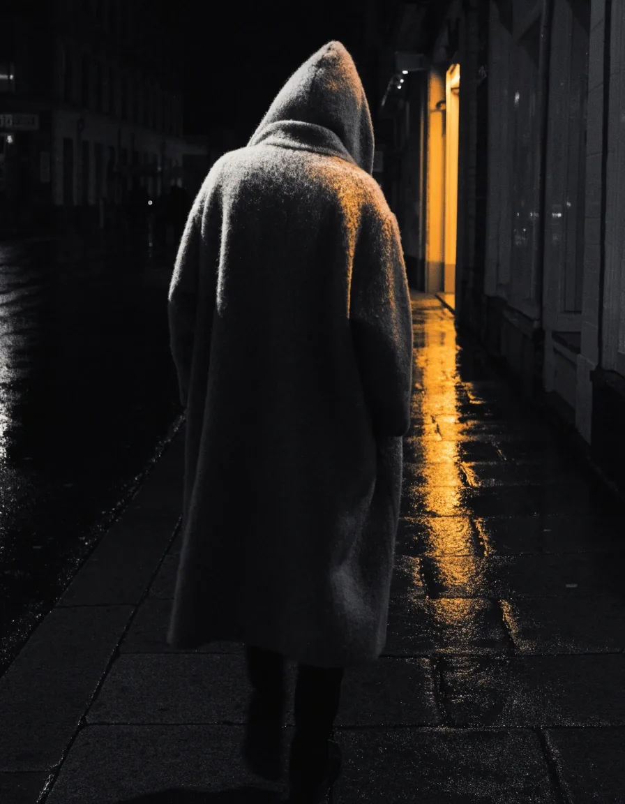 Figure in an oversize coat walking a wet Brooklyn sidewalk at night, seen from behind
