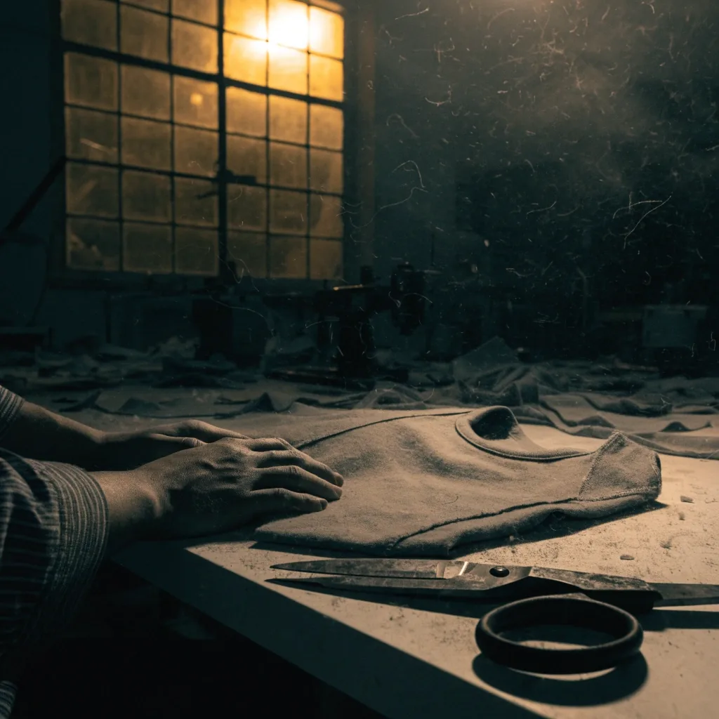 Hands on a cutting table beside a half-finished garment in a workshop after hours