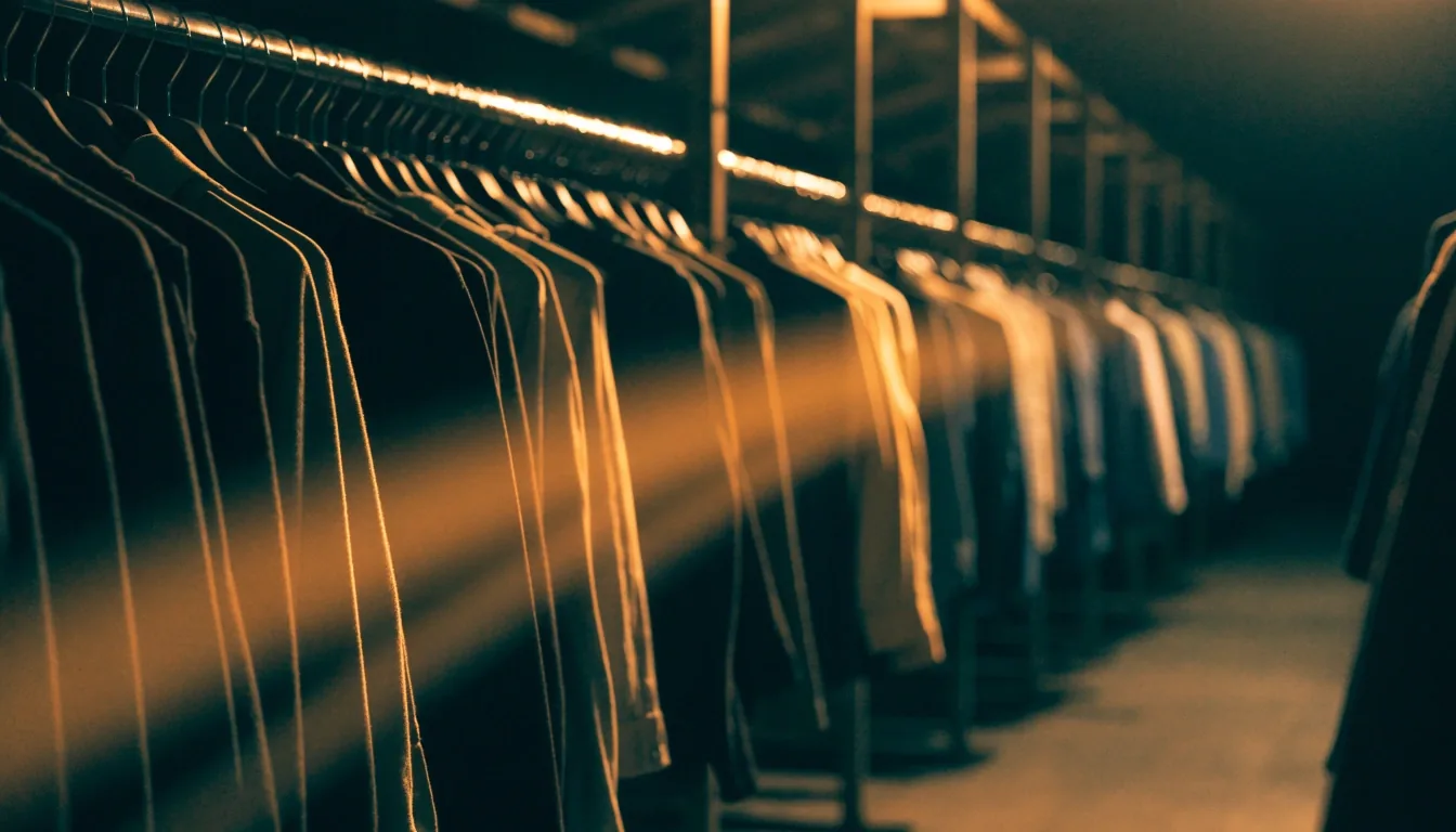 Hanging garments on a warehouse rail under raking sodium light at night