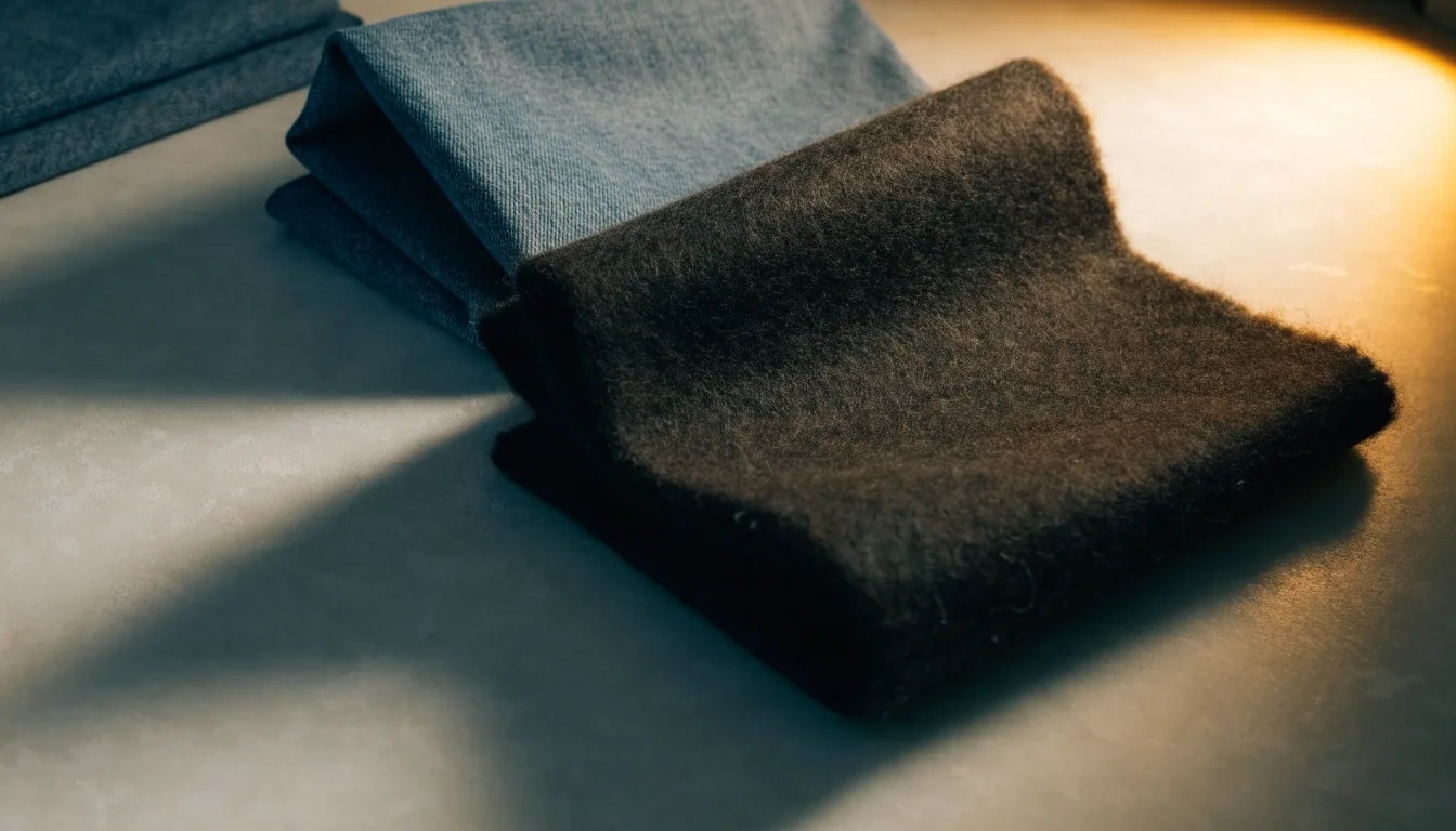 Folded wool and denim samples laid on a pale stone studio surface under a warm lamp