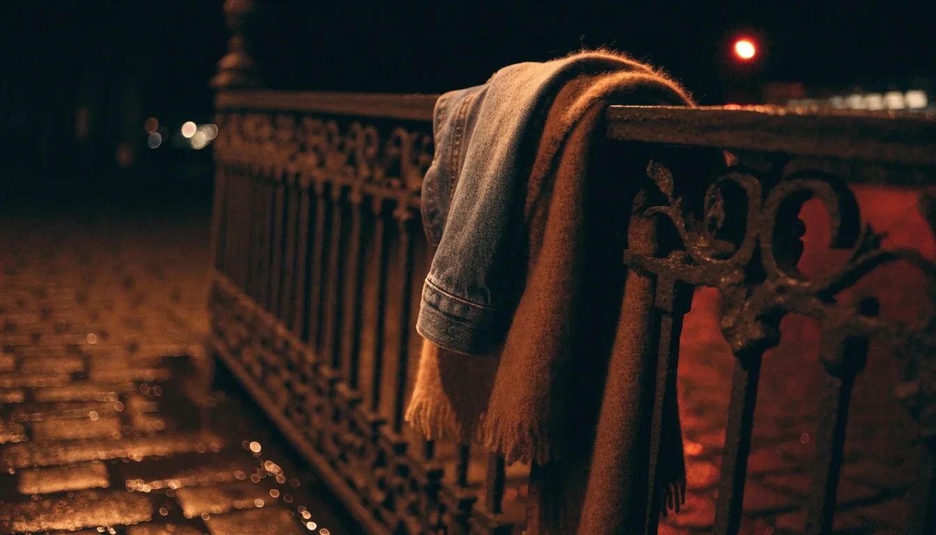 Close night crop of a folded overcoat seam against a rain-darkened stone step under streetlight