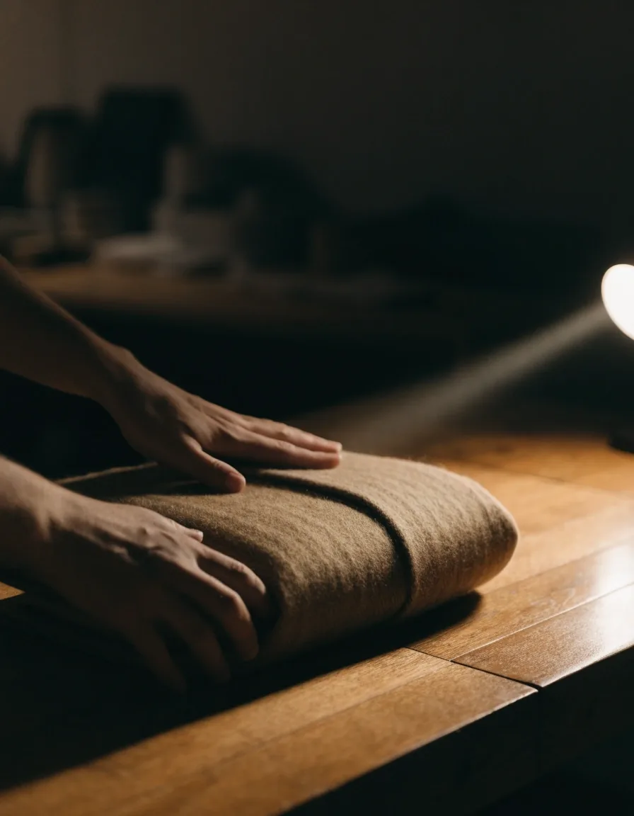 Hands laying a folded wool coat on a wooden table lit by a single warm lamp at night