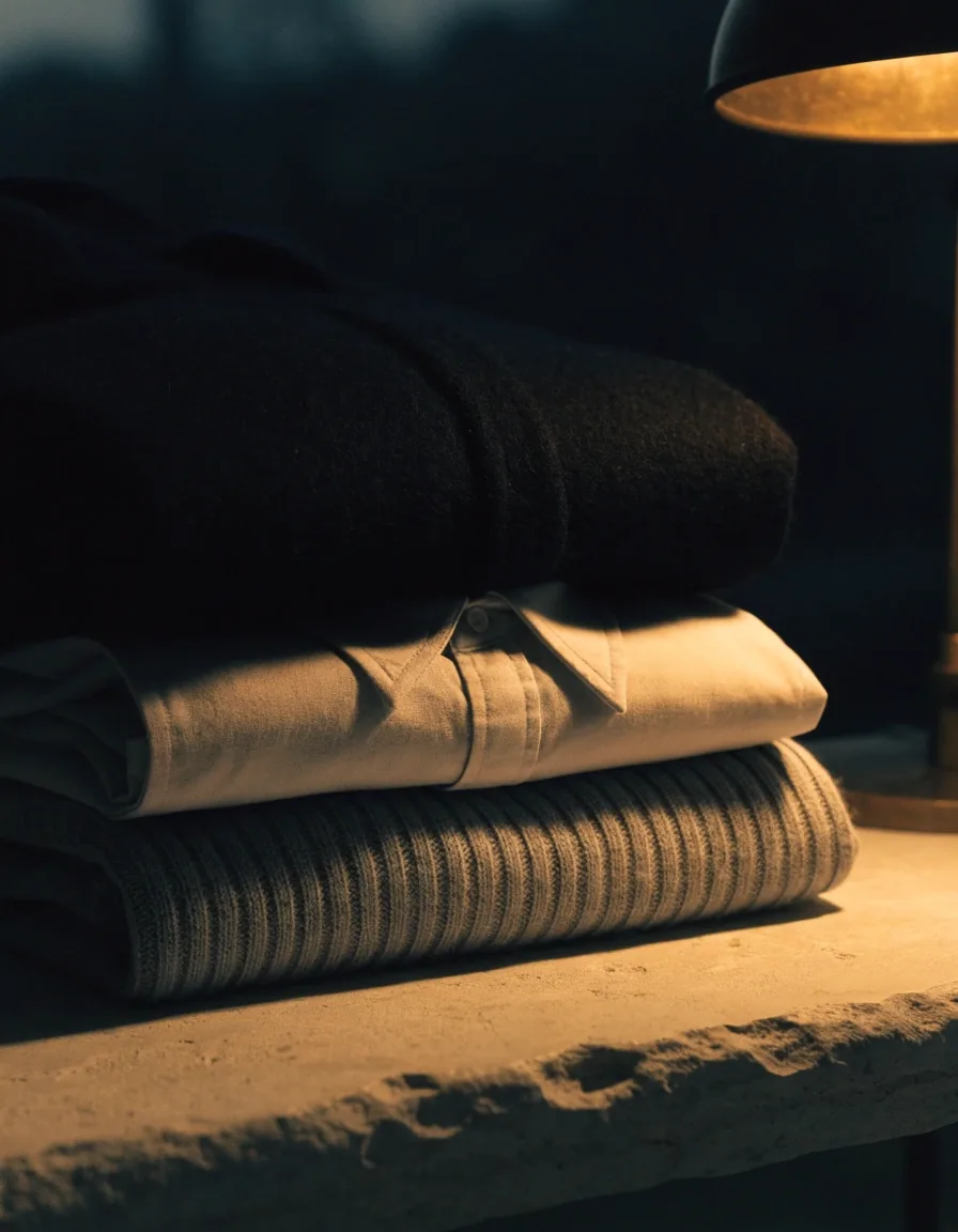 Three folded clothing layers stacked on a pale stone surface under a single amber light at night