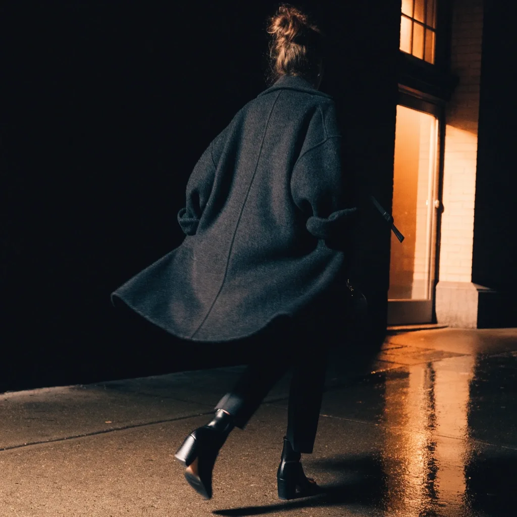 Figure from behind in an oversize coat on a wet sidewalk at night
