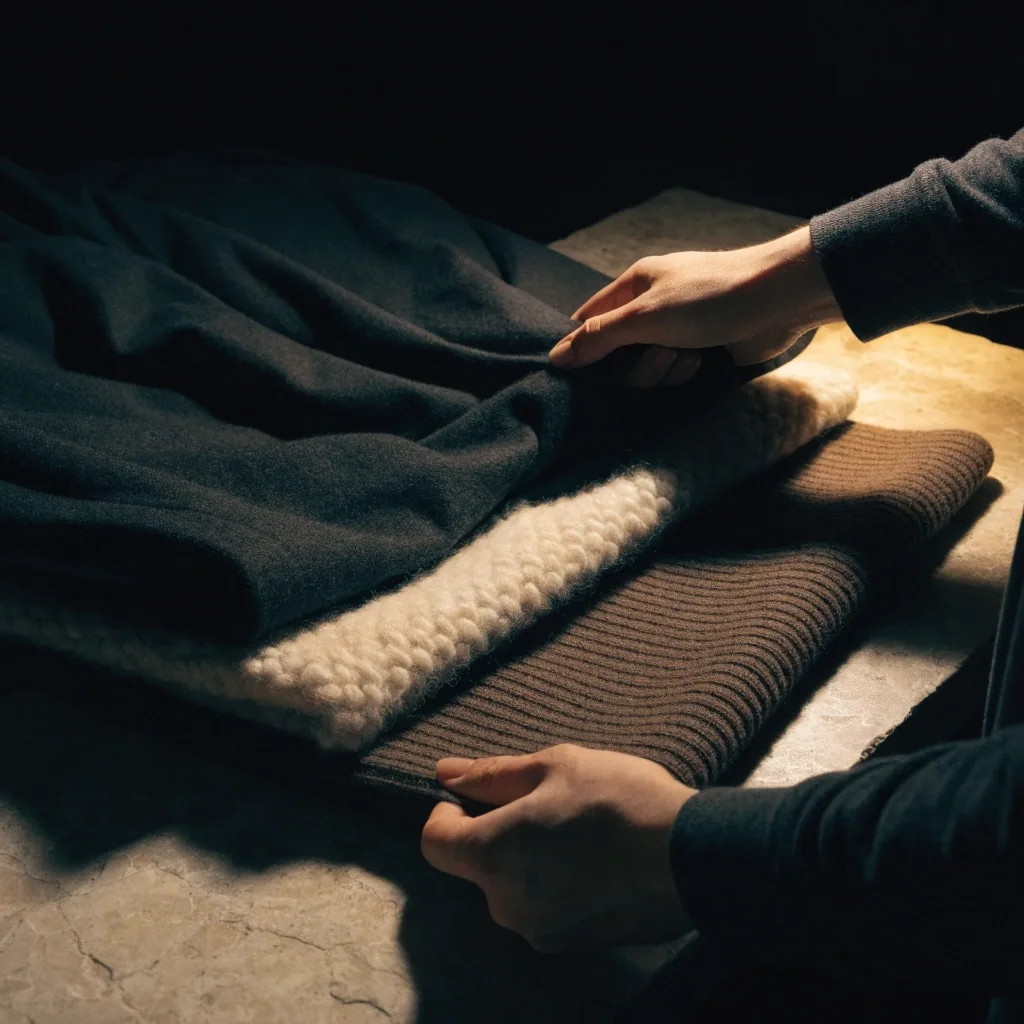 Three folded clothing layers stacked on a stone surface under warm light